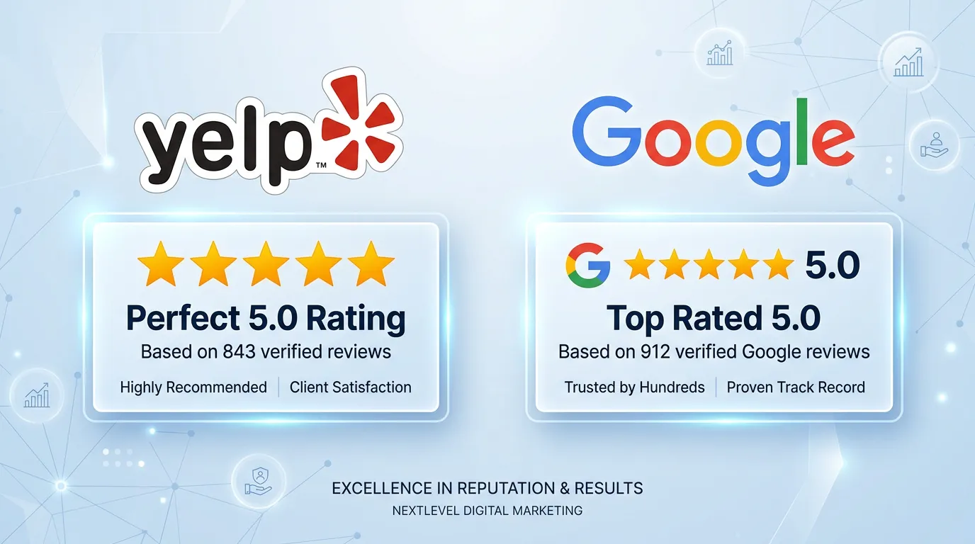 Perfect 5-star ratings on Google and Yelp representing client satisfaction with Online Website Marketing Chino CA