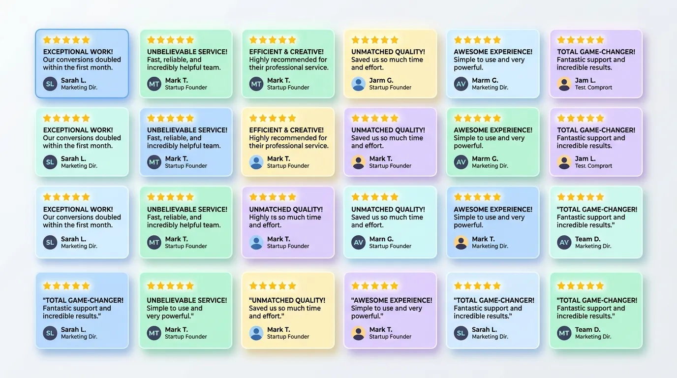 Wall of glowing client testimonial cards showing star ratings and positive reviews for Online Website Marketing