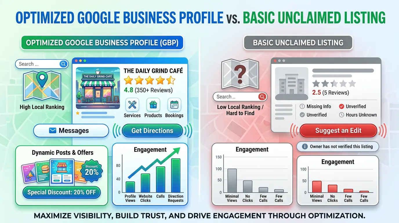 Optimized Google Business Profile versus basic unclaimed listing showing dramatic difference in visibility reviews and engagement