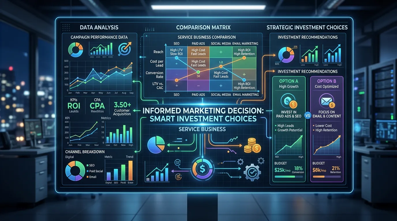 Informed marketing decision concept showing data and comparison helping service business make smart marketing choices