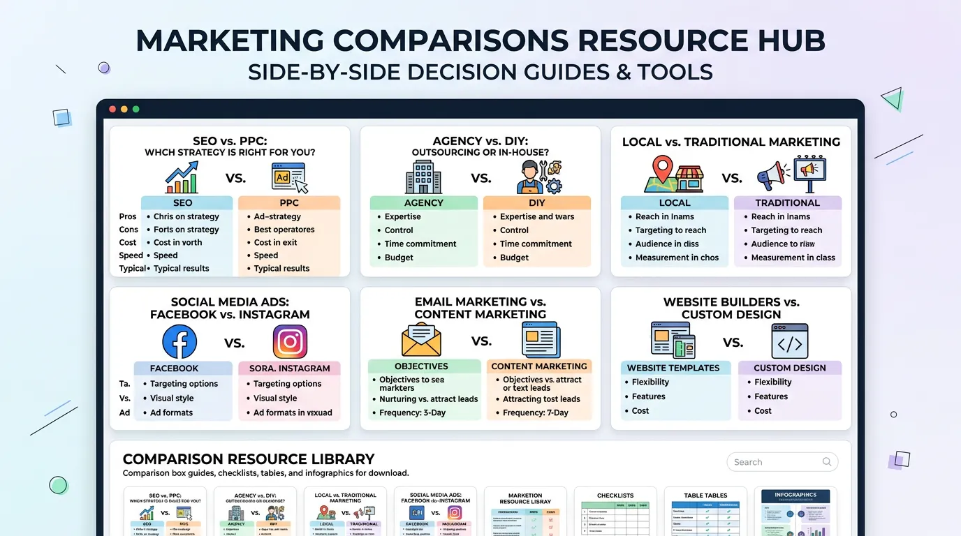 Marketing comparisons resource hub showing side-by-side decision guides for SEO vs PPC agency vs DIY choices