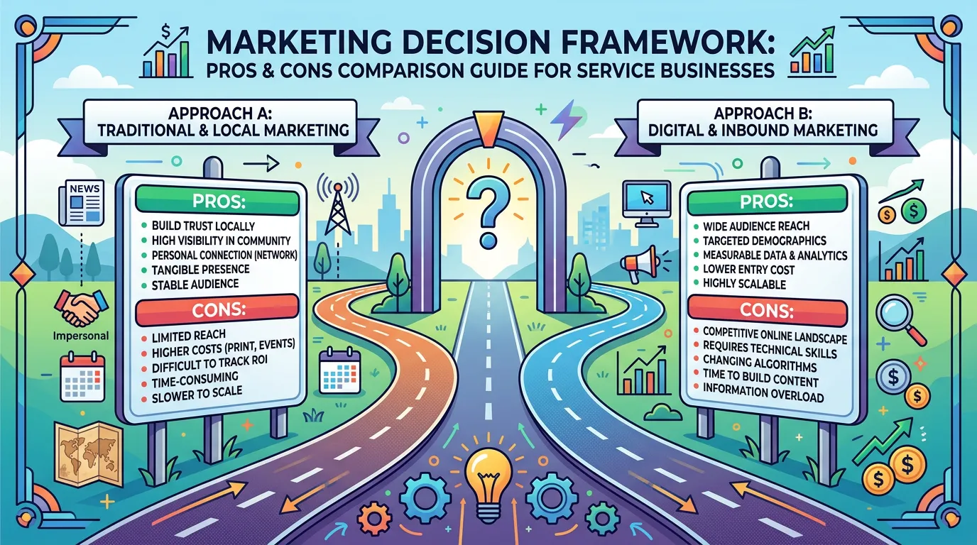 Decision framework showing two paths diverging with pros and cons for each marketing approach