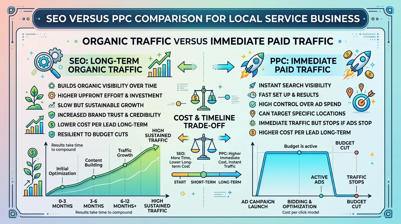 SEO versus PPC comparison showing long-term organic traffic versus immediate paid traffic with cost and timeline differences