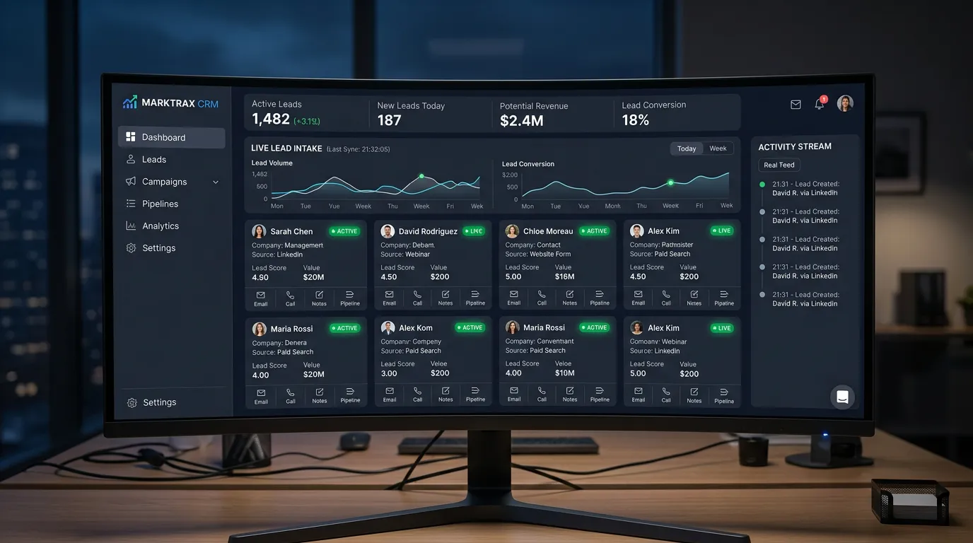 CRM dashboard showing incoming leads flowing in through Online Website Marketing complete lead system