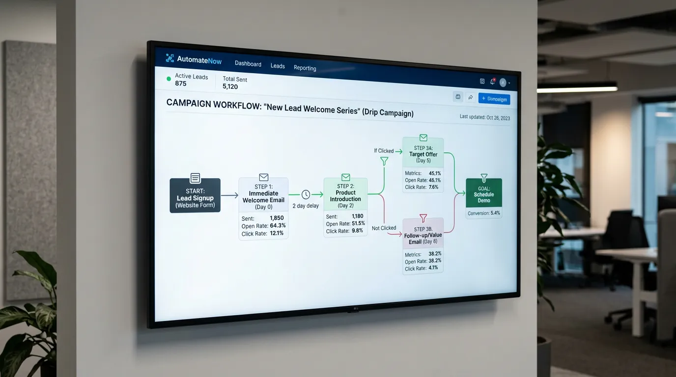 Email automation drip sequence diagram showing nurture system in Online Website Marketing lead package