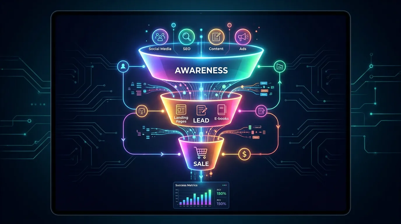 Complete marketing funnel pipeline visualization for Online Website Marketing lead generation system