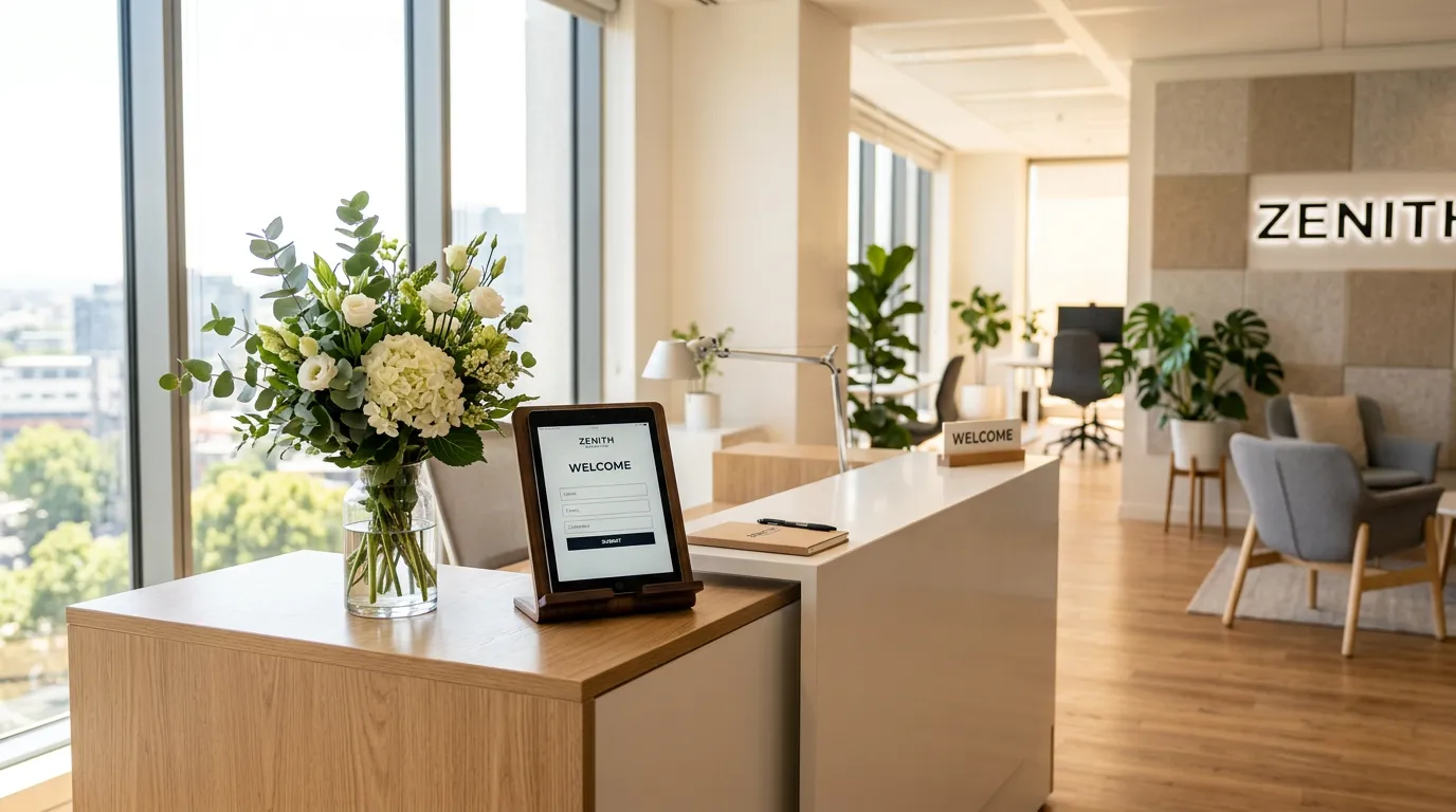 Welcoming reception desk at Online Website Marketing agency in Chino CA with contact form on tablet