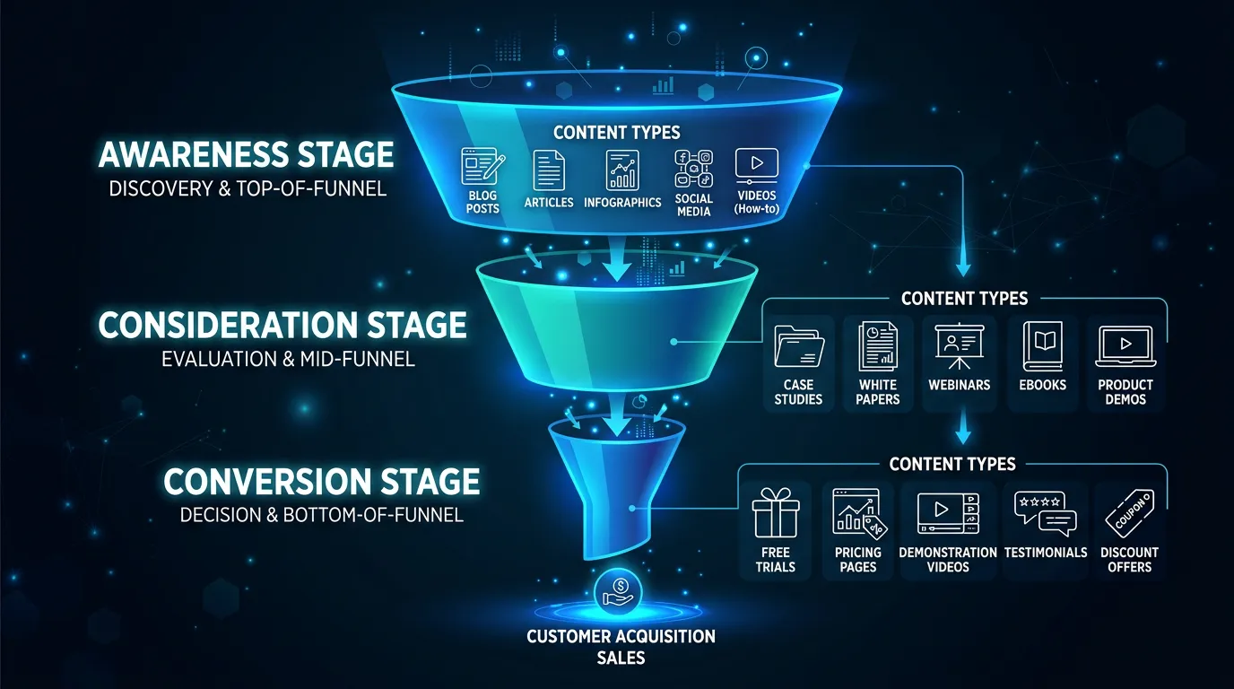 Content marketing funnel showing awareness consideration and conversion stages for service businesses
