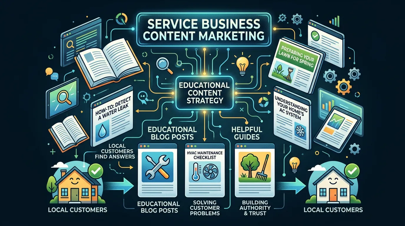 Content marketing for service businesses showing educational guides and how-to content strategy