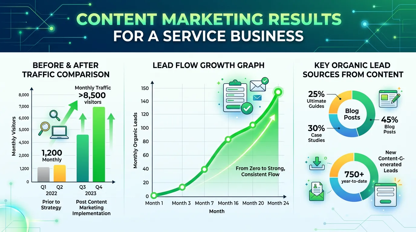 Organic lead growth from content marketing for service businesses showing before and after results