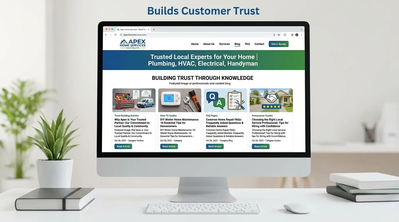 Service business website with trust-building content blog section for local customer education