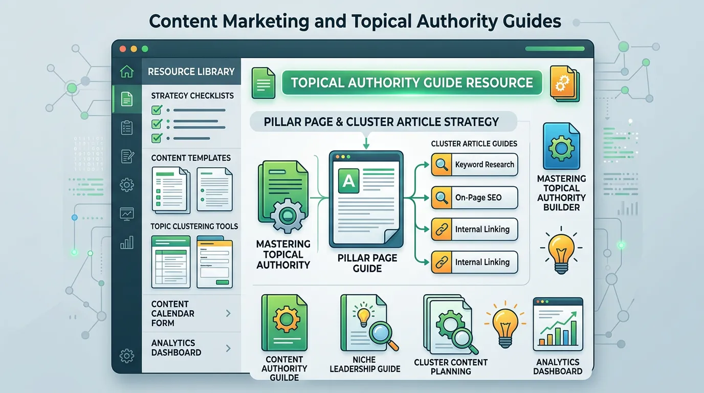 Content marketing and topical authority guides showing pillar page cluster article strategy and content authority resources