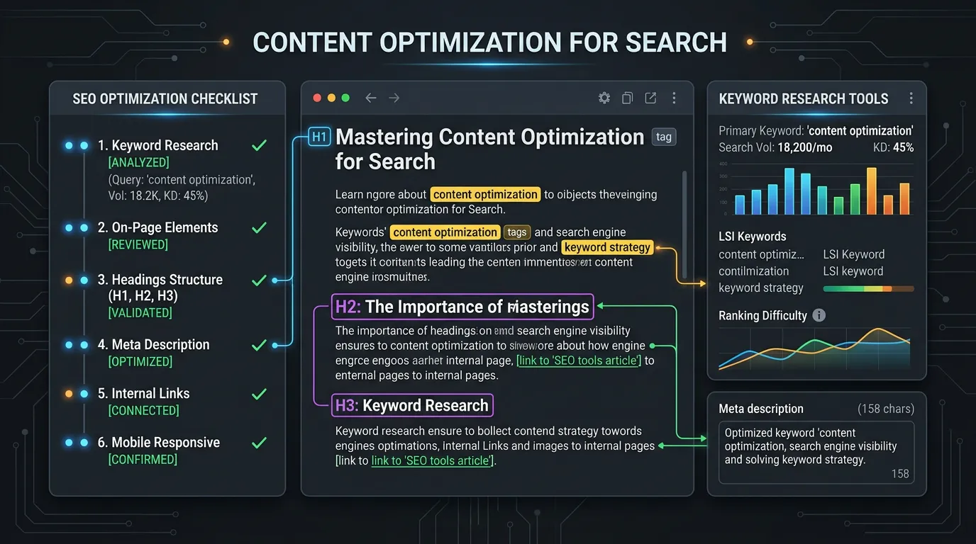 Content optimization for search showing on-page SEO checklist for Online Website Marketing