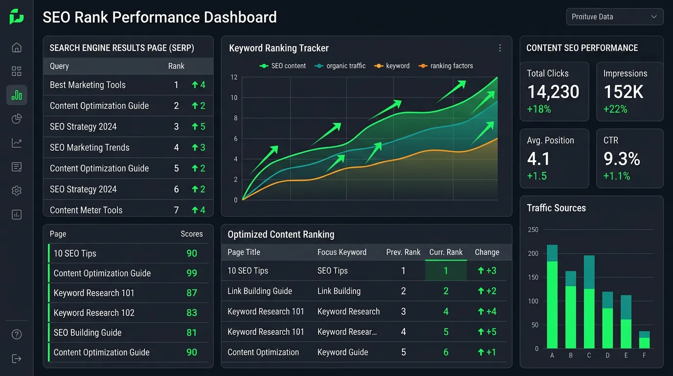 Keyword ranking tracker showing content climbing search positions through optimization