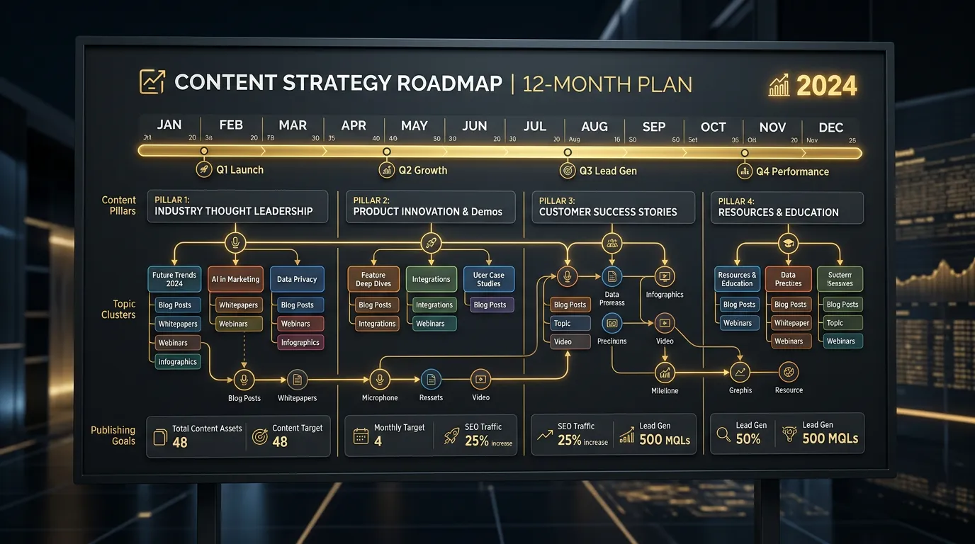 12-month content strategy roadmap showing topic clusters and publishing goals for service businesses