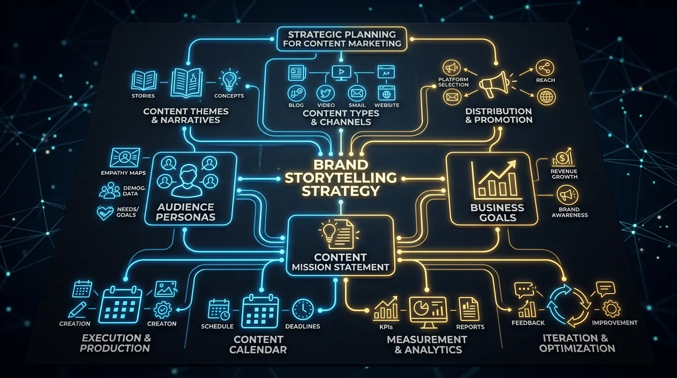 Brand content strategy showing mission audience and business goals connected in strategic diagram