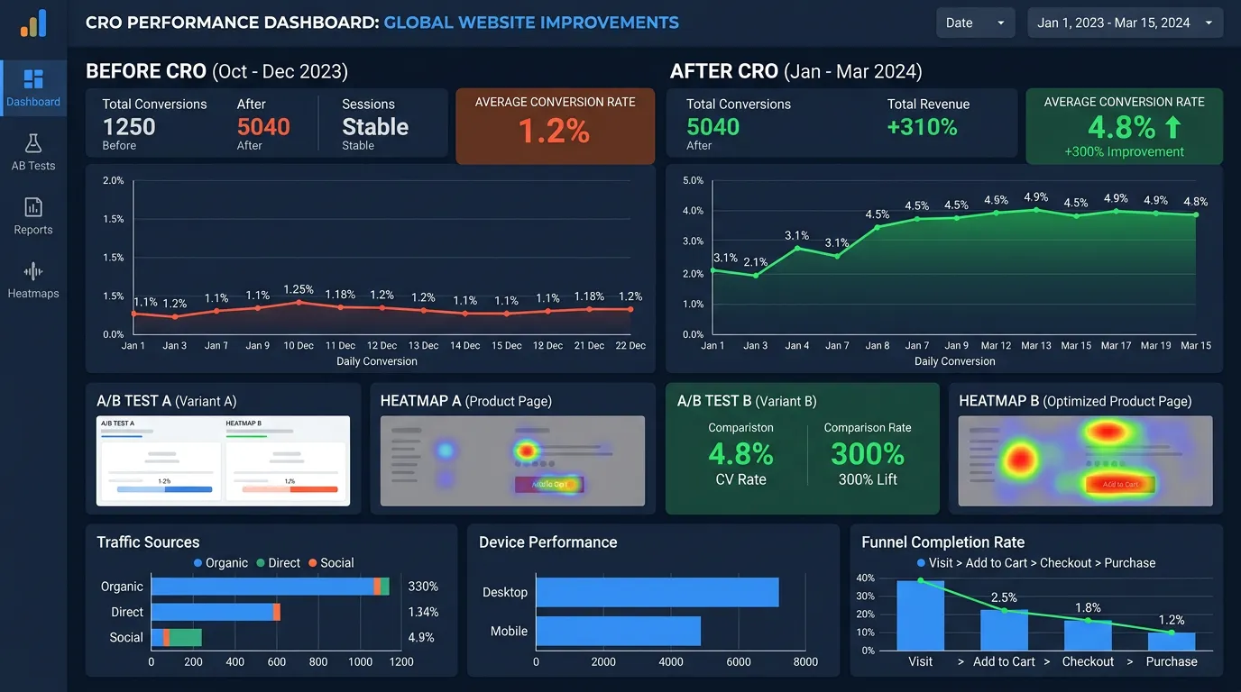 CRO dashboard showing before and after conversion rate improvements for Online Website Marketing clients