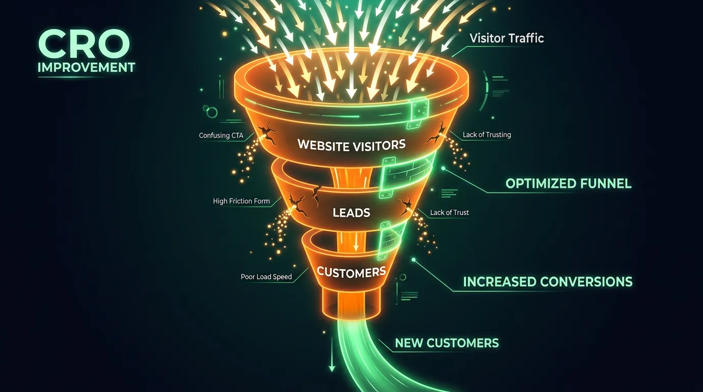 Conversion rate optimization showing funnel with leaks plugged for better lead conversion