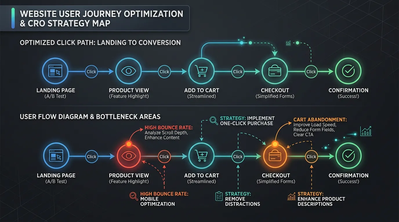 User journey flow map for conversion rate optimization showing path from visitor to customer