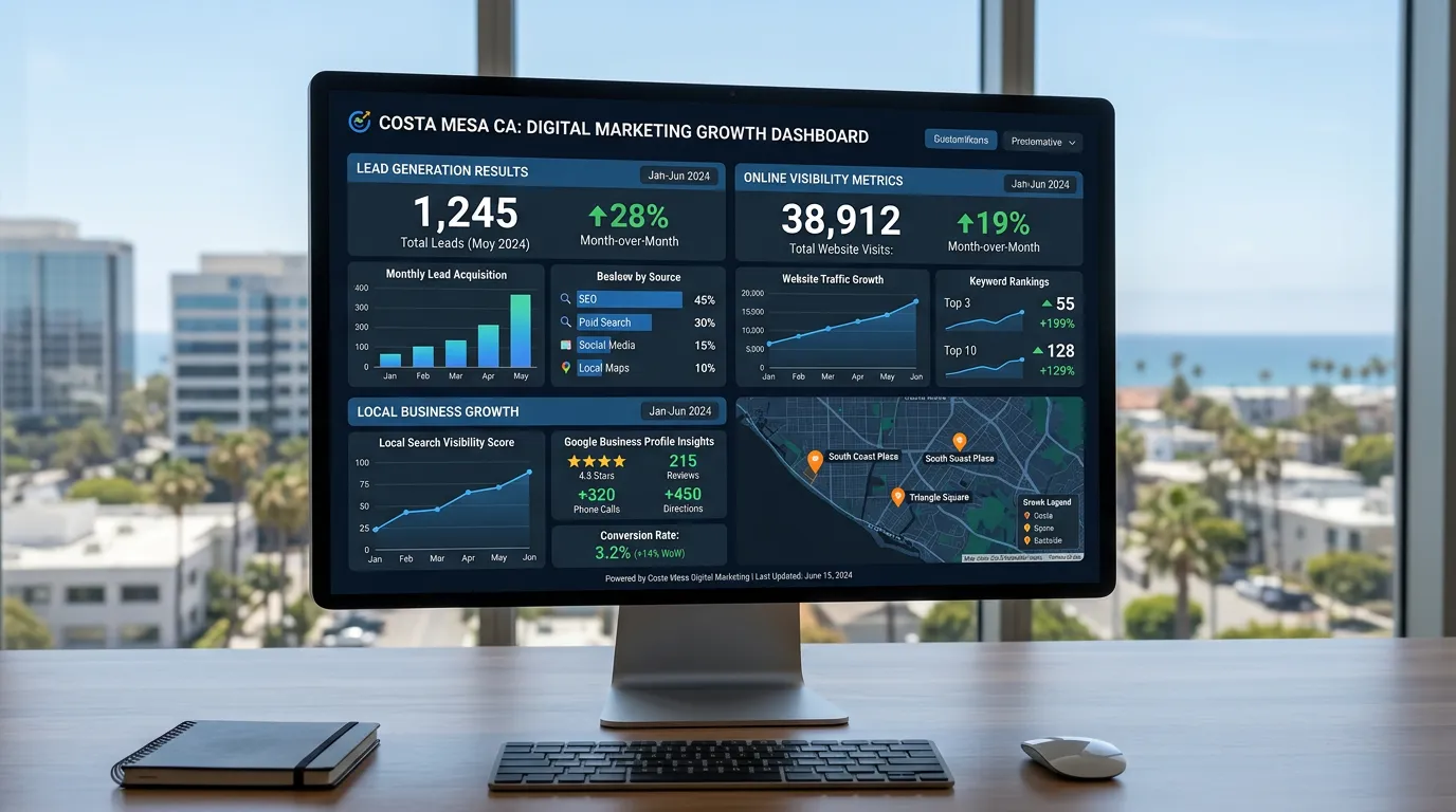 Costa Mesa CA business digital marketing dashboard showing lead growth for Orange County businesses