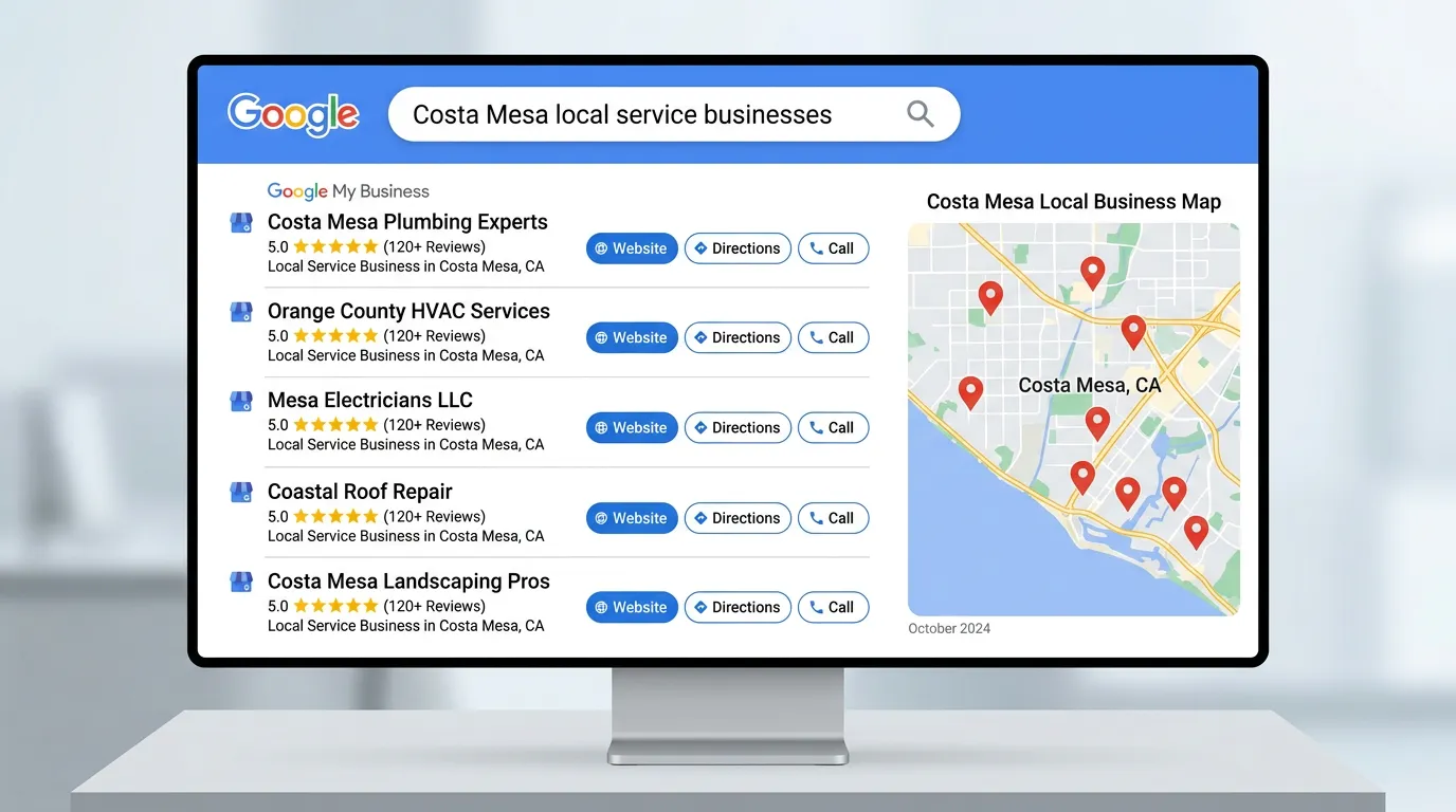 Costa Mesa California Google Business Profile showing 5-star reviews and strong local reputation