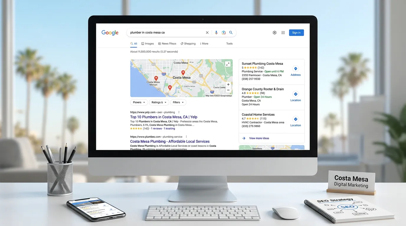 Costa Mesa CA local SEO showing Google search results for local service businesses in Costa Mesa California