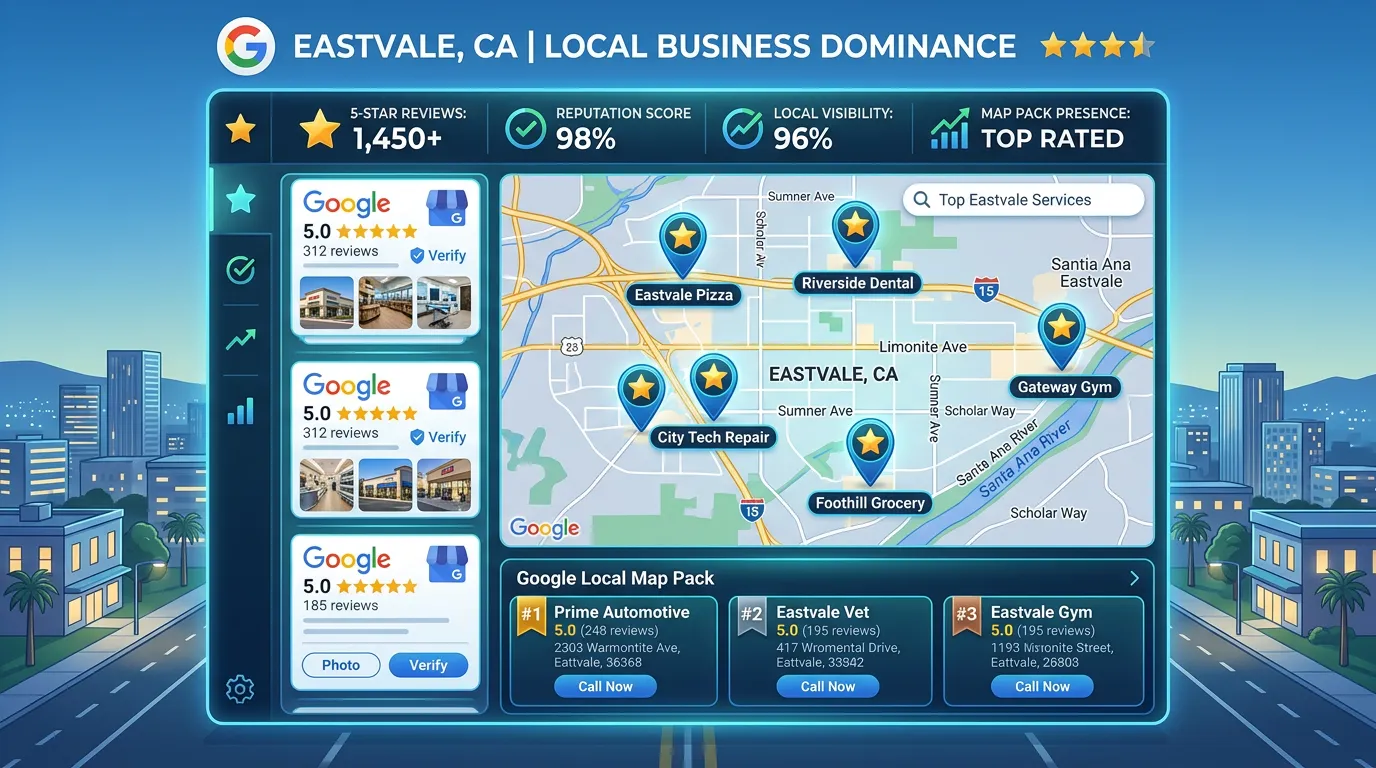Eastvale California Google Business Profile with 5-star reviews and strong local map pack presence