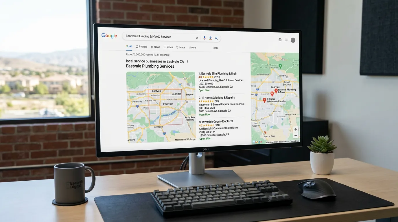 Eastvale CA local SEO showing Google search map pack for service businesses in Eastvale California