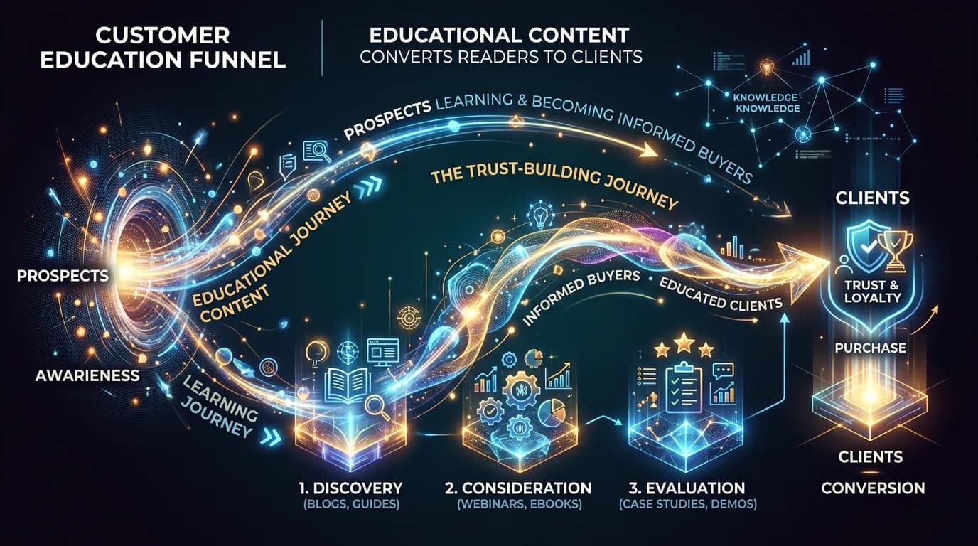 Customer education content path converting informed prospects into clients for service businesses