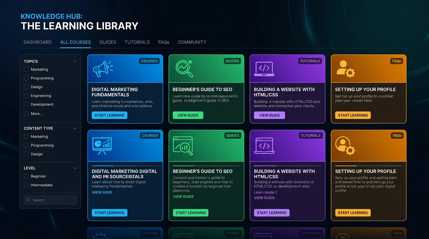 Educational content systems showing digital knowledge hub and library for service business marketing