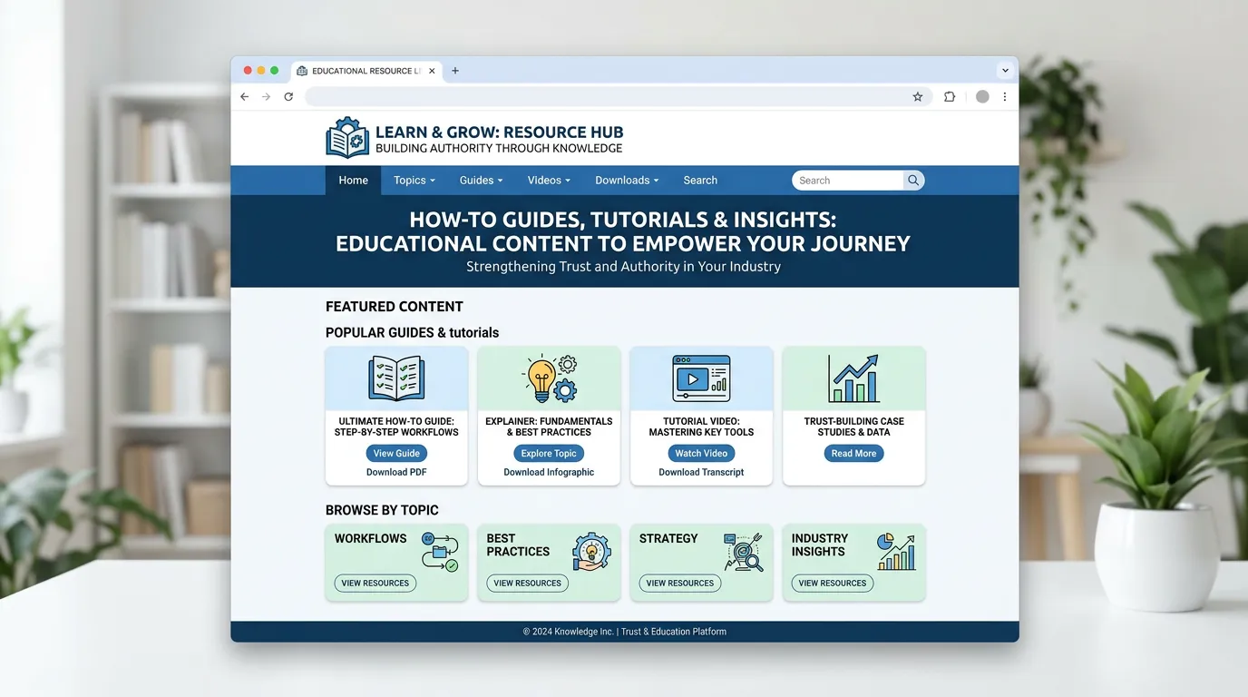 Resource center with educational guides and tutorials building brand authority for service businesses