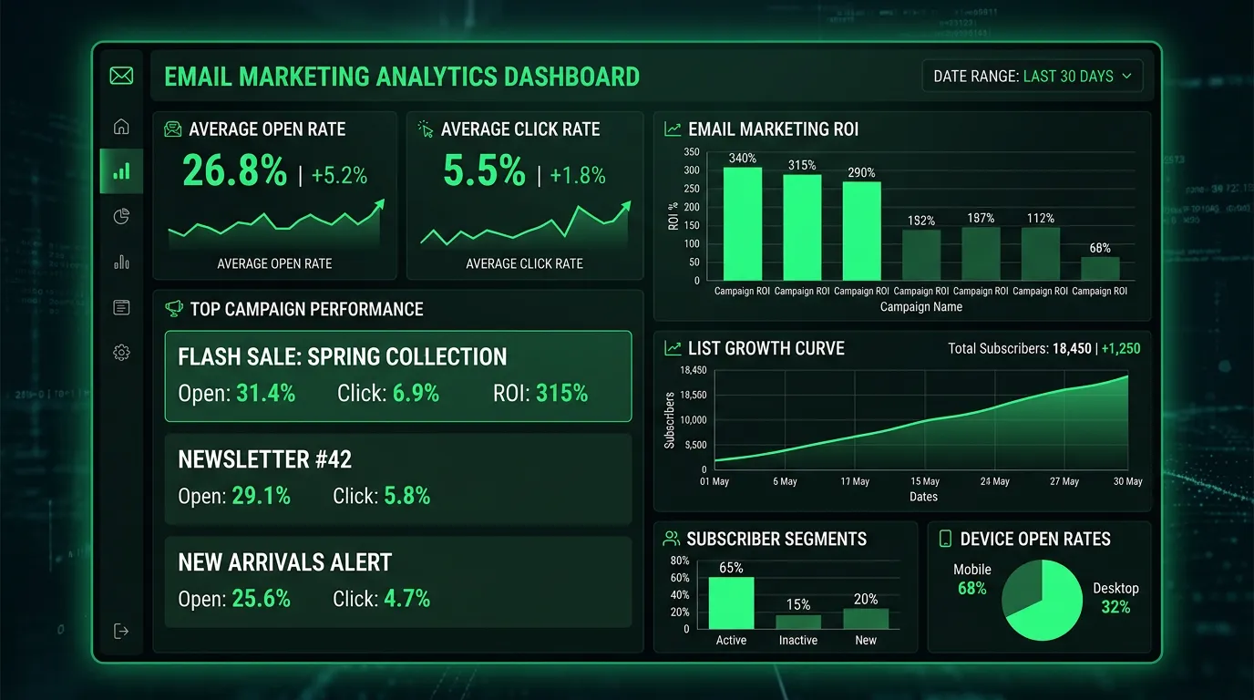 Email marketing campaign performance dashboard showing open rates click rates and ROI metrics