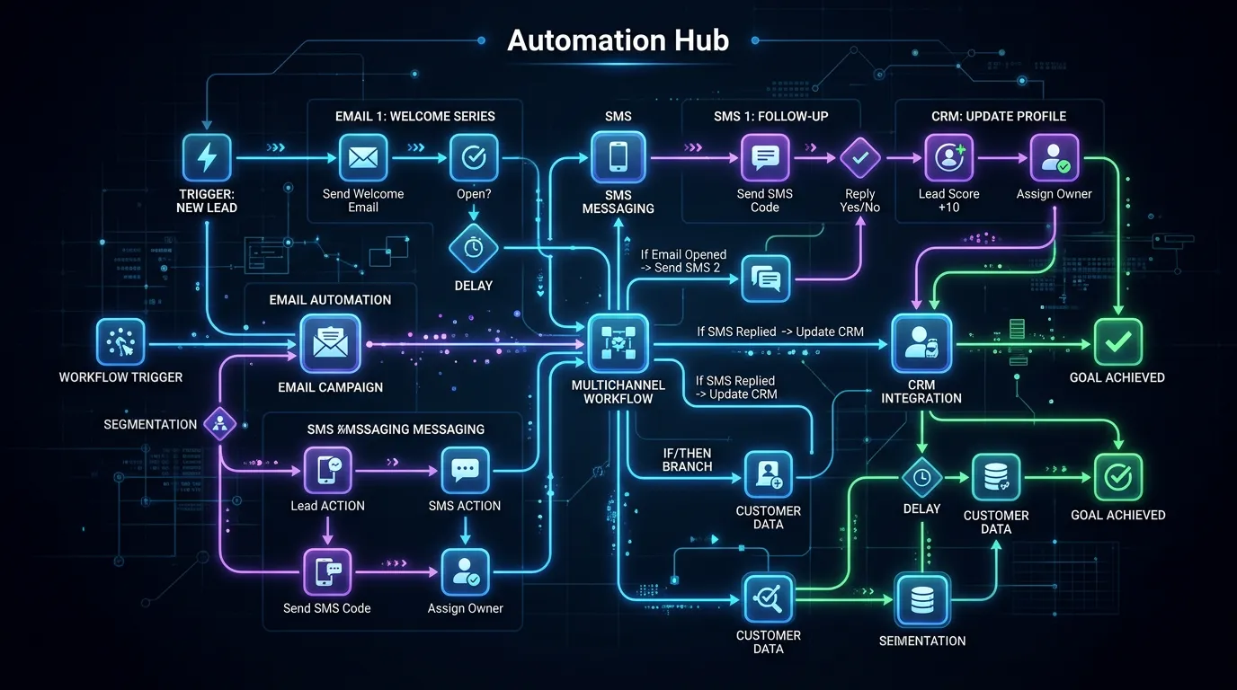 Email and marketing automation showing connected workflows across email SMS and CRM channels