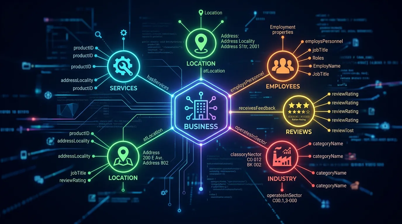 Entity relationship diagram connecting business to services location and reviews for generative AI search