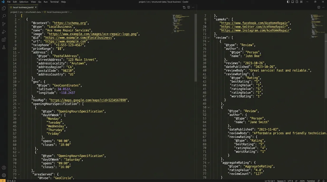 JSON-LD structured data schema for local service business showing entity attributes for AI search