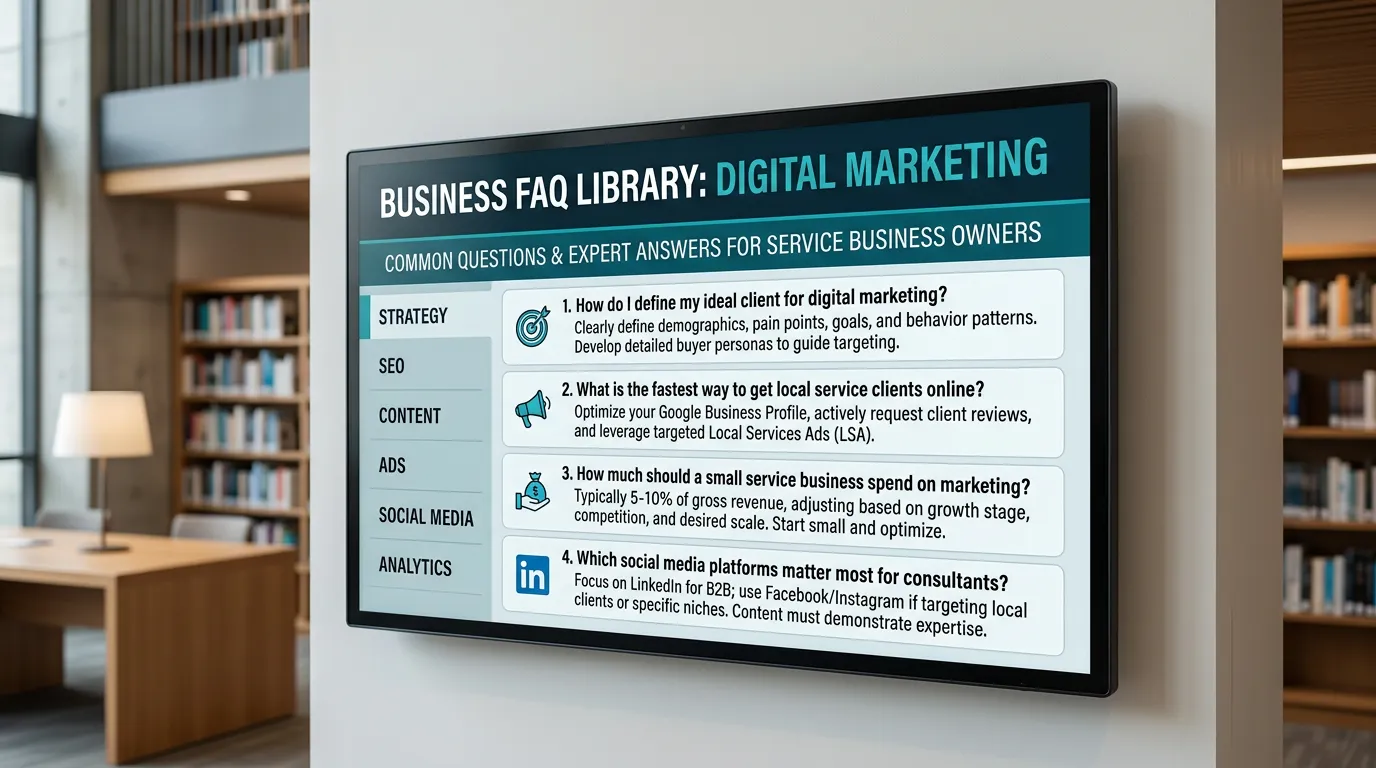 FAQ library showing frequently asked questions about digital marketing for service business owners