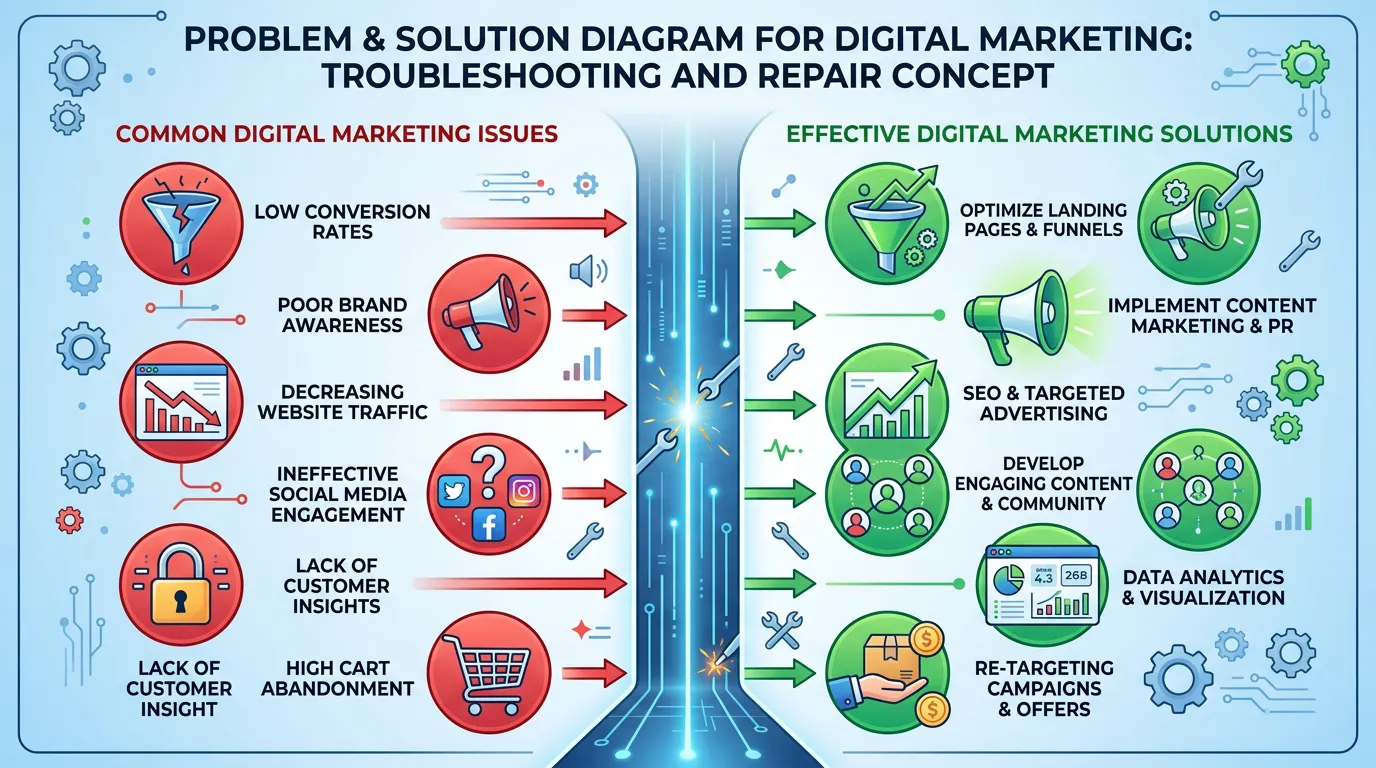 Problem solution diagram for digital marketing showing common issues being fixed by green solutions