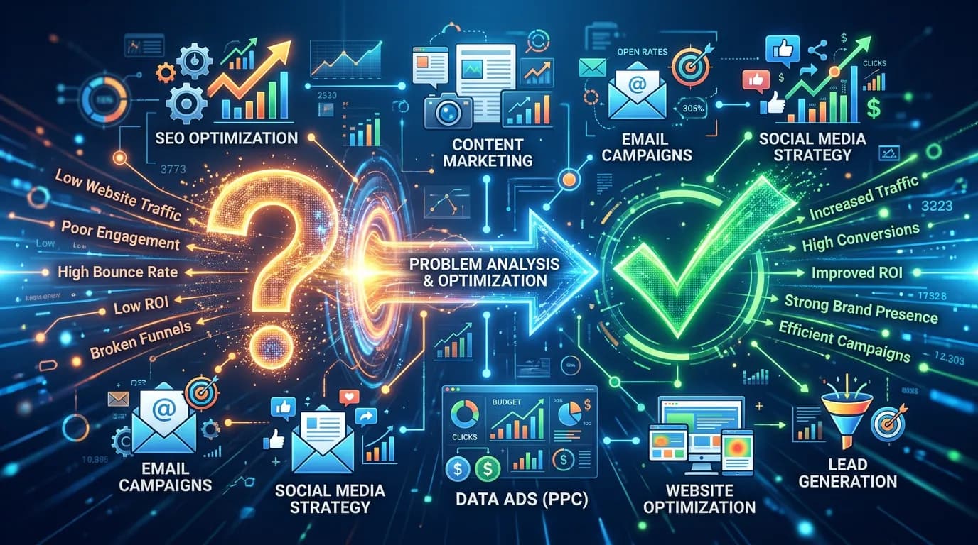 FAQ and problem solution articles showing question mark transforming into checkmark with digital marketing solutions