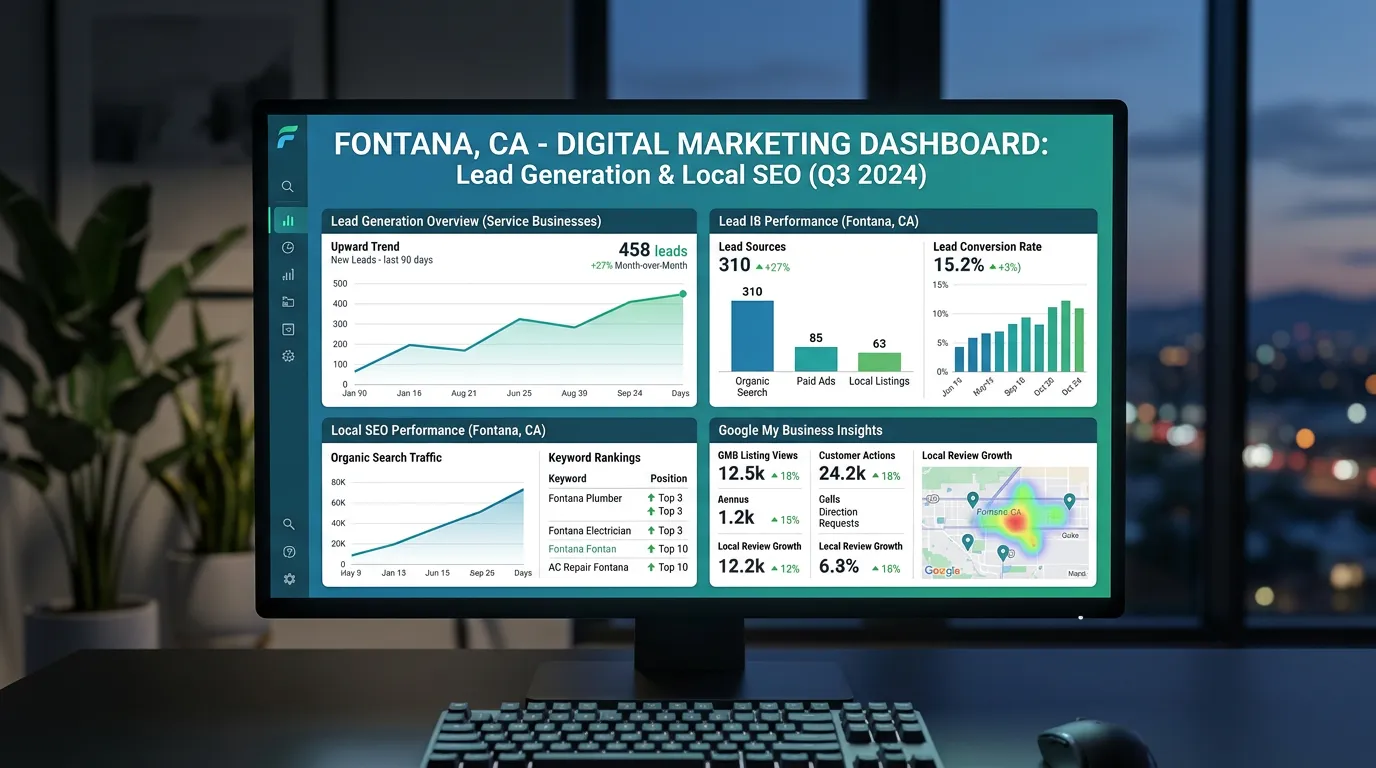 Fontana CA business digital marketing dashboard showing lead generation results for San Bernardino County
