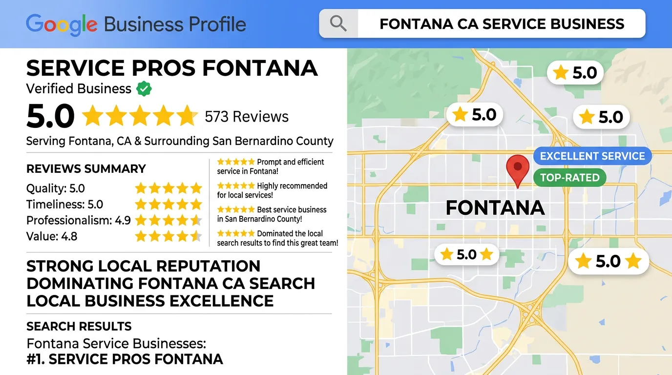 Fontana California Google Business Profile 5-star reviews showing strong local reputation in San Bernardino County