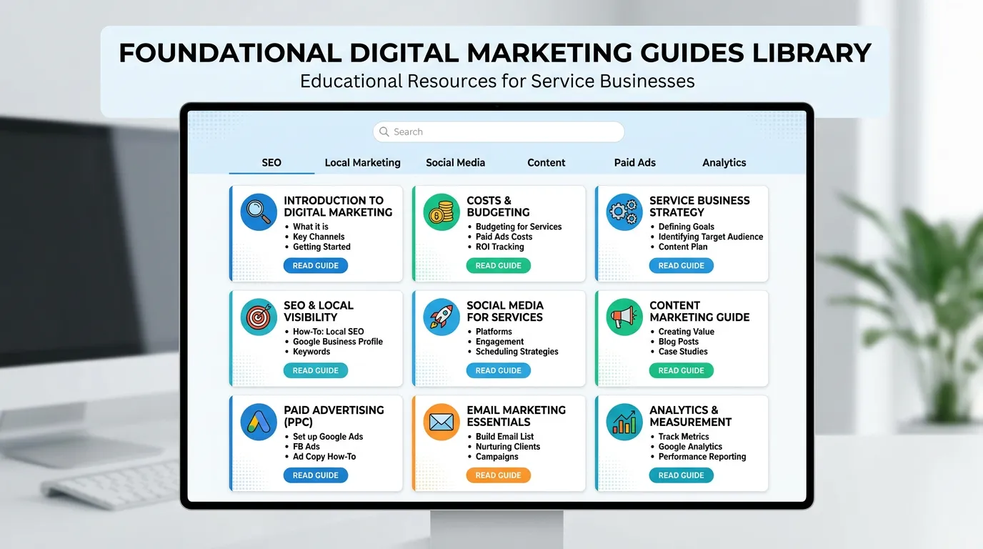 Foundational digital marketing guides library showing educational articles covering costs strategies and how-tos