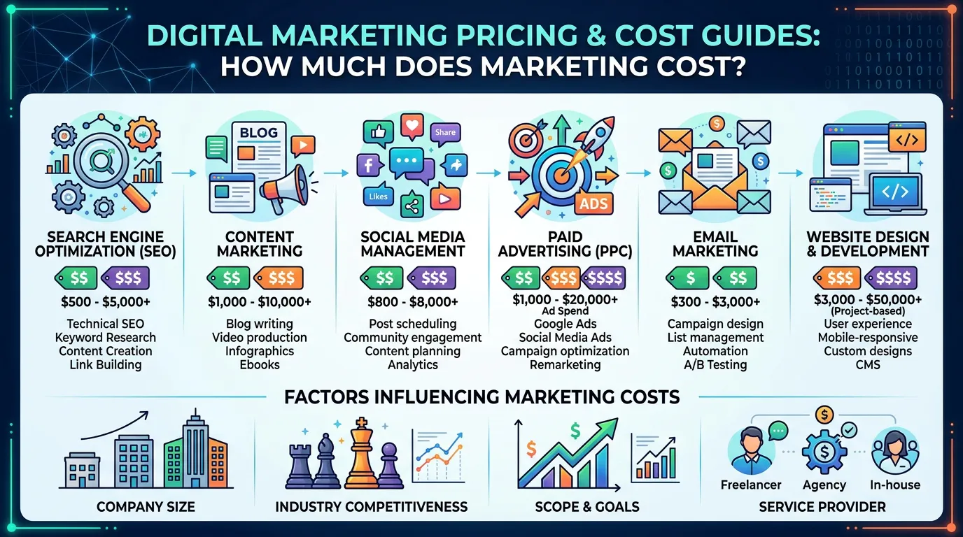 Digital marketing pricing and cost guides showing price tags beside marketing service icons