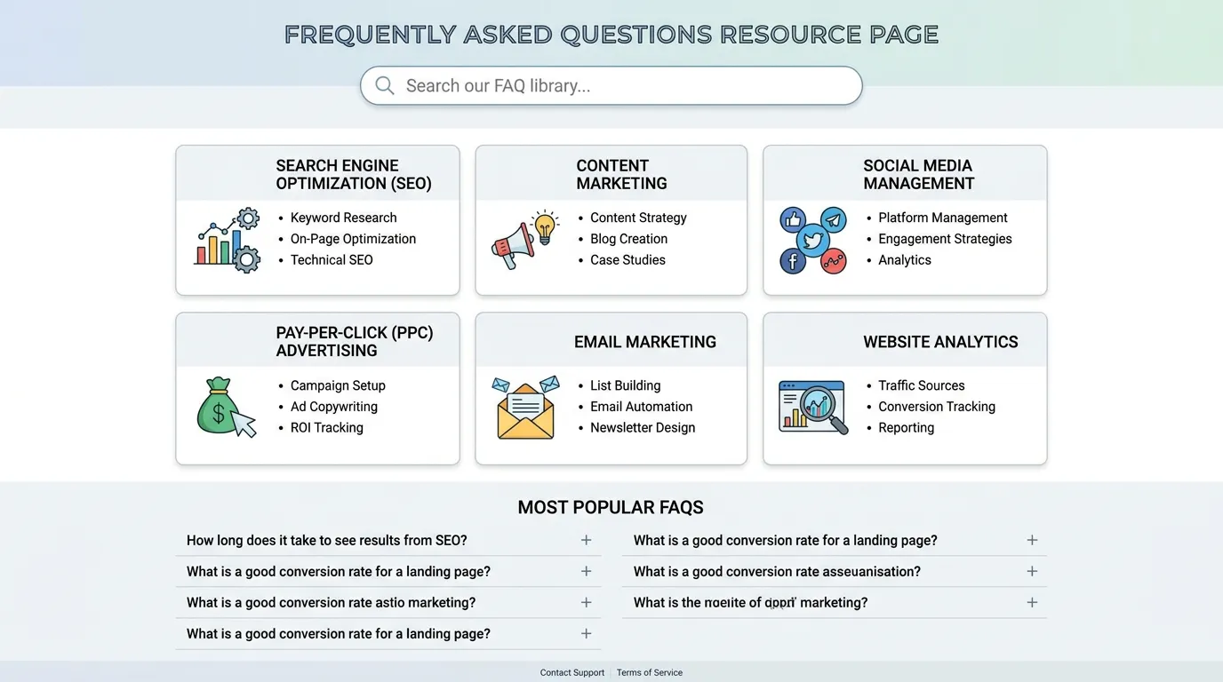 Frequently asked questions resource page showing comprehensive FAQ library organized by topic for digital marketing