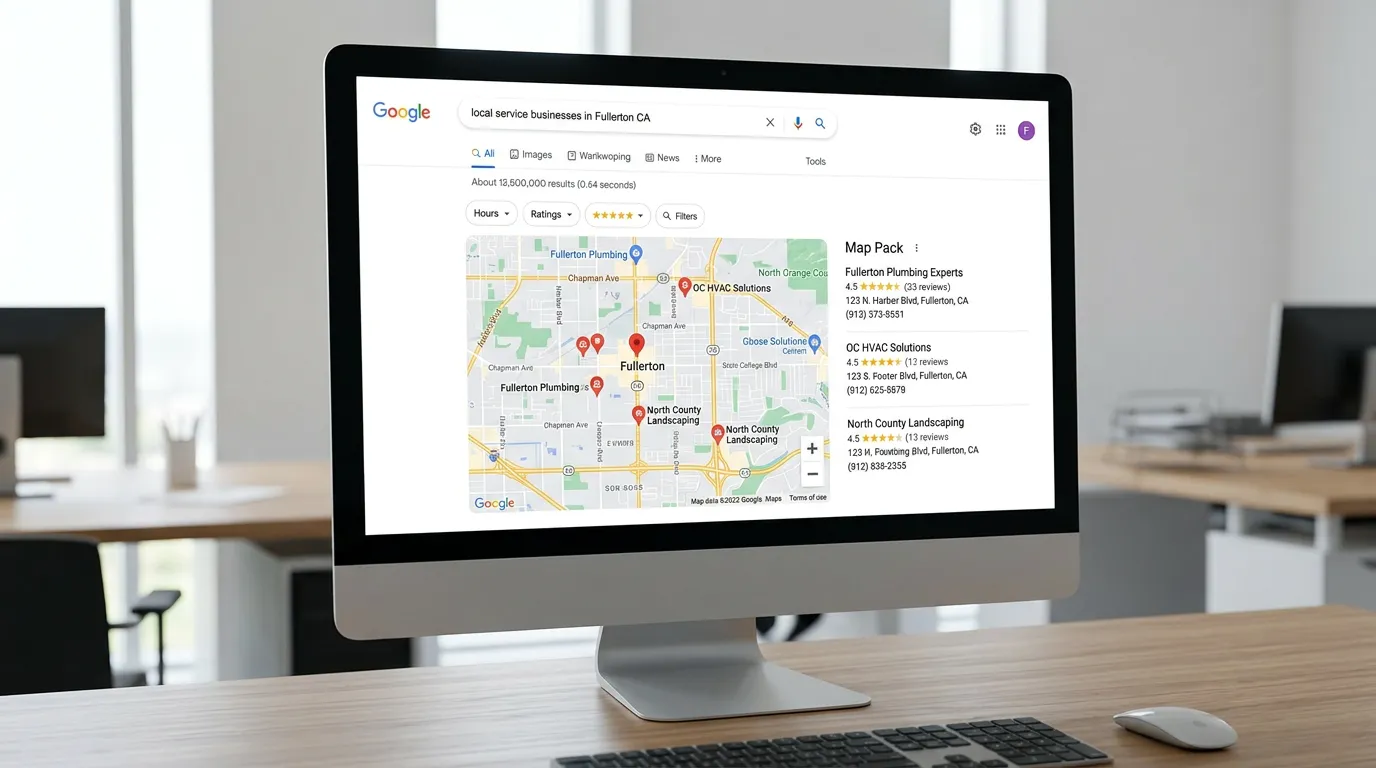 Fullerton CA local SEO showing Google search map pack for service businesses in Fullerton California