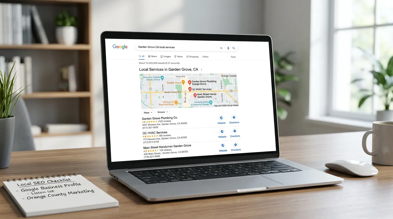 Garden Grove CA local SEO showing Google search map pack for local service businesses in Garden Grove California