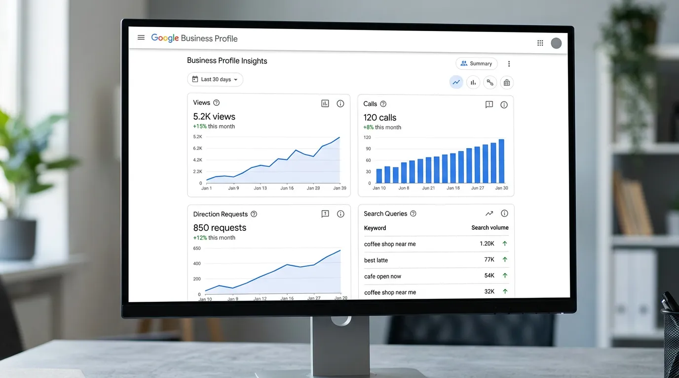 Google Business Profile insights dashboard showing views calls and direction requests metrics for local business monitoring