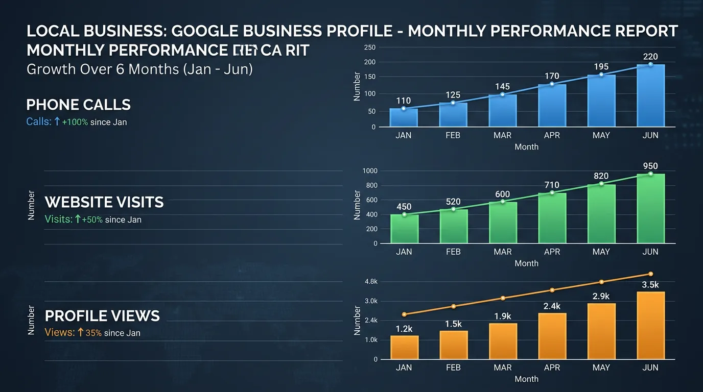 Monthly GBP performance report showing growth in calls website visits and profile views over time
