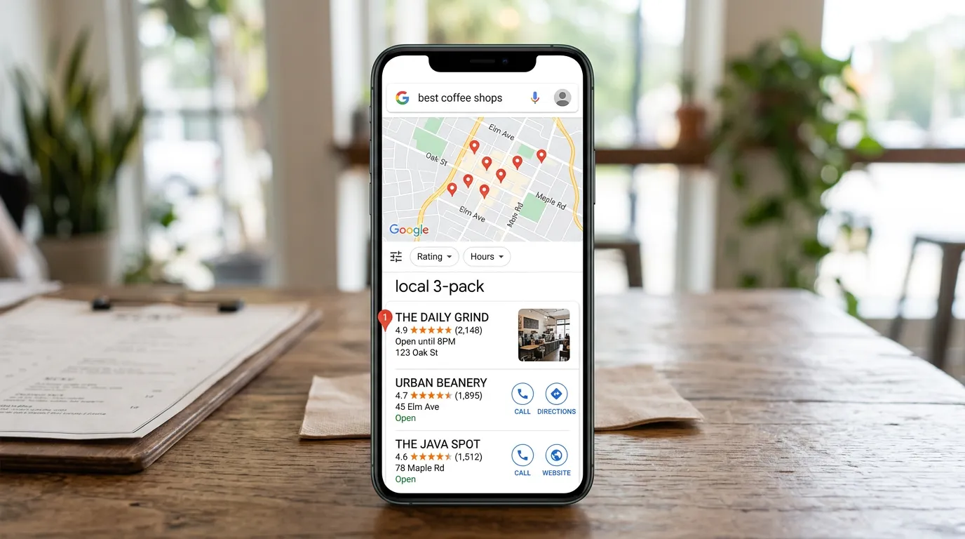 Google Maps local 3-pack showing a business ranking in top positions with strong rating and many reviews