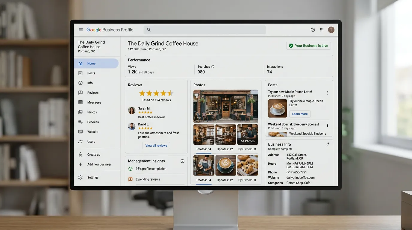 Google Business Profile dashboard showing fully optimized local business listing with reviews photos and posts