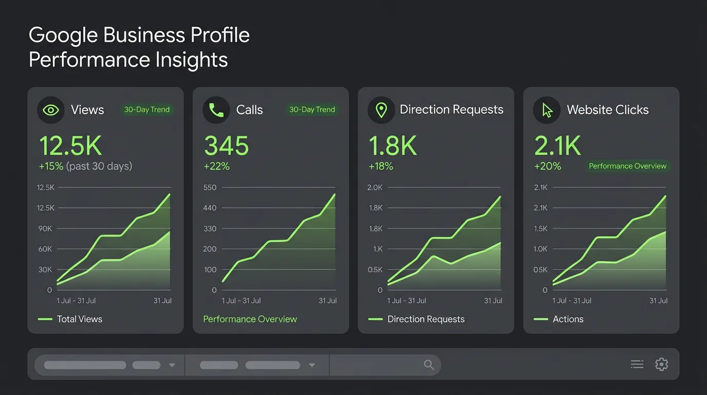 Google Business Profile performance analytics showing views calls direction requests and website clicks trending up